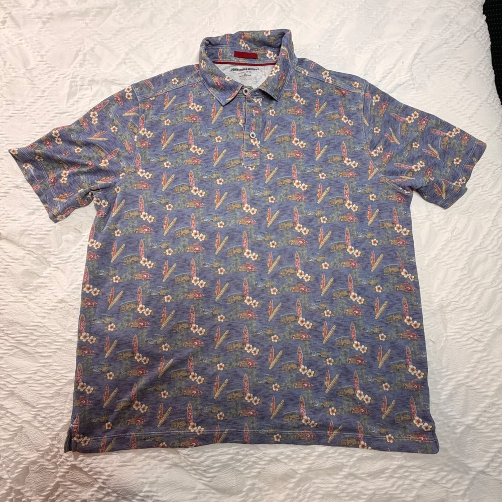 Johnston & Murphy Mens XL Blue Tropical Surfboard Woody Wagon Polo Shirt